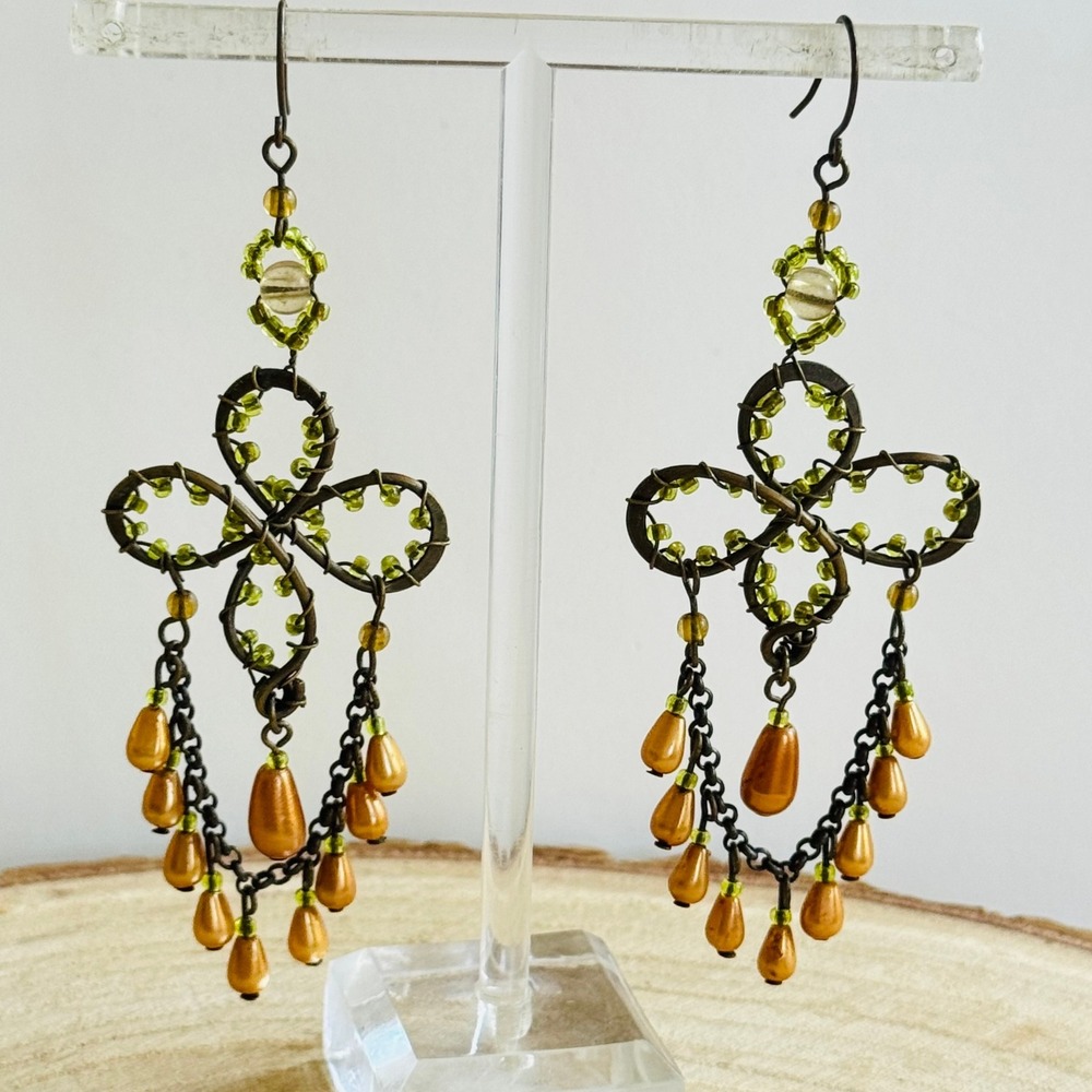 80s Runway BoHo Beaded brass glass‎ Earrings VTG chandelier Chunky hook Rare 4"